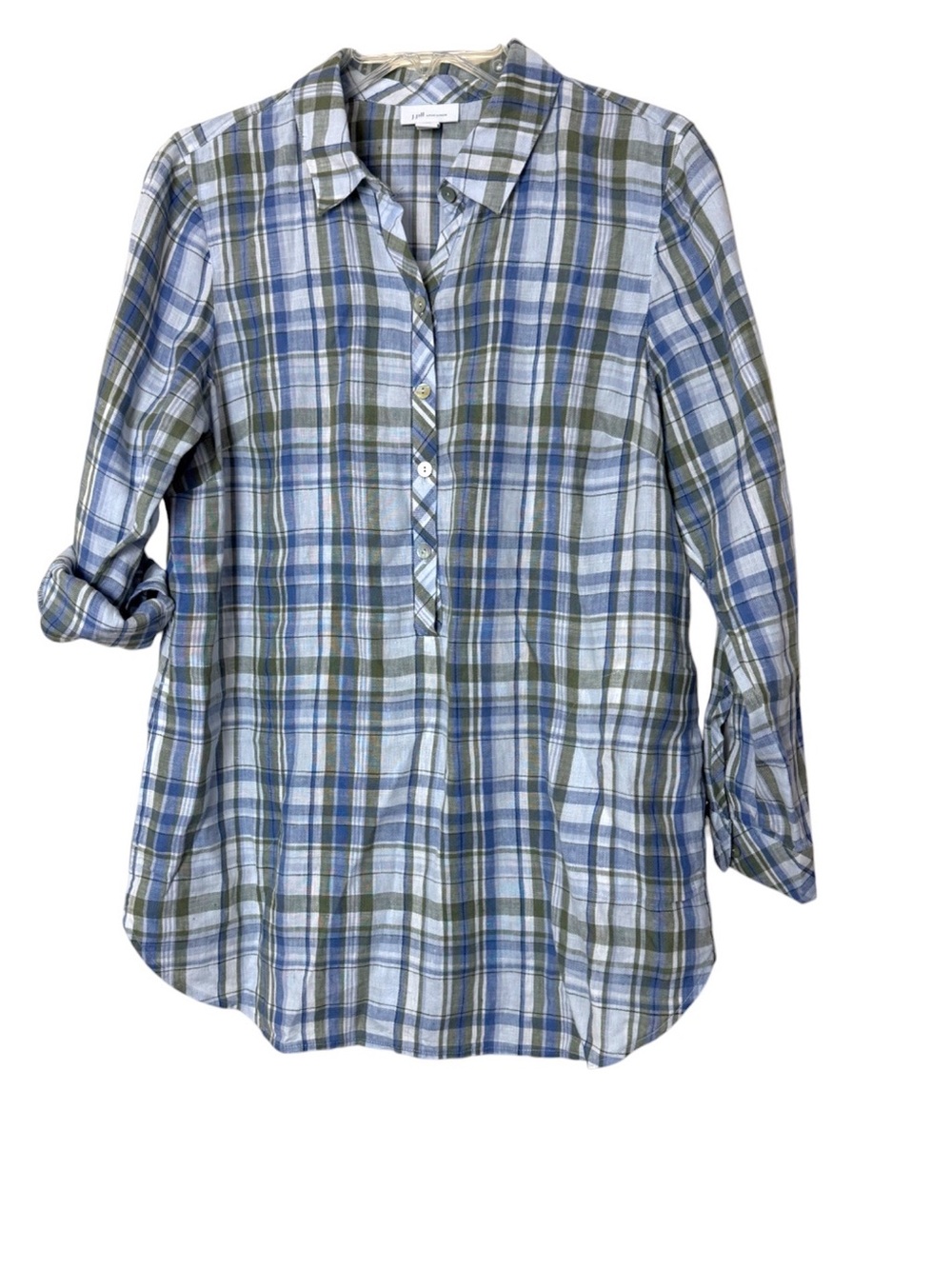J Jill Love Linen Popover Tunic Shirt Green Blue Plaid Pockets Size Petite S